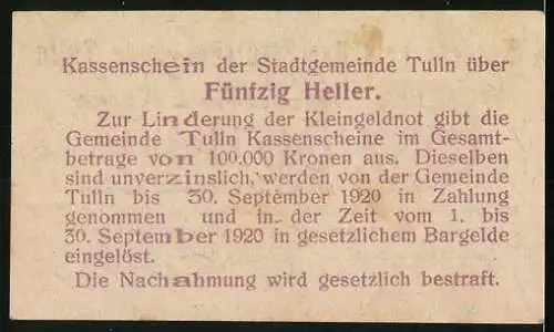 Notgeld Tulln 1920, 50 Heller, Kassenschein mit Wappen und Text über Verbindlichkeiten der Stadtgemeinde Tulln