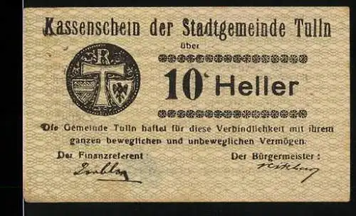 Notgeld Tulln 1920, 10 Heller, Wappen der Stadt Tulln