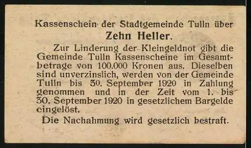 Notgeld Tulln 1920, 10 Heller, Wappen der Stadt Tulln