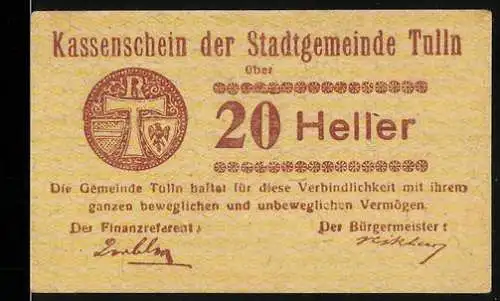 Notgeld Tulln 1920, 20 Heller, mit Wappen der Stadtgemeinde Tulln