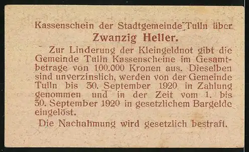 Notgeld Tulln 1920, 20 Heller, mit Wappen der Stadtgemeinde Tulln