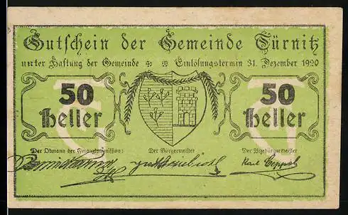 Notgeld Türnitz 1920, 50 Heller, mit Wappen der Gemeinde Türnitz und Unterschriften