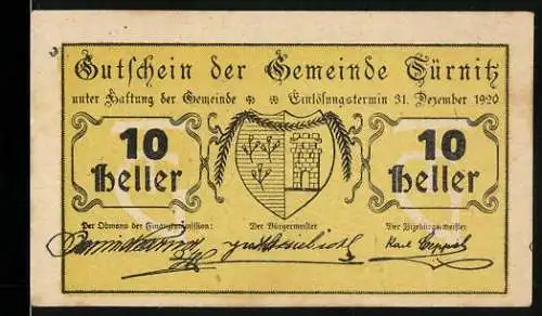 Notgeld Türnitz 1920, 10 Heller, Wappen mit Turm und Pflanzenmuster