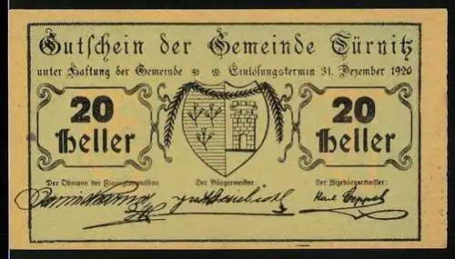 Notgeld Türnitz 1920, 20 Heller, Gemeindewappen mit Eichenlaubornamenten