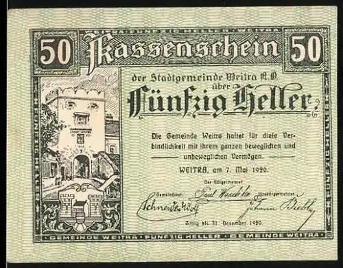 Notgeld Weitra 1920, 50 Heller, Stadttor und Landschaftspanorama mit Burg und Kirche, Wappen vorhanden