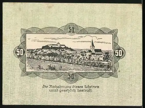 Notgeld Weitra 1920, 50 Heller, Stadttor und Landschaftspanorama mit Burg und Kirche, Wappen vorhanden