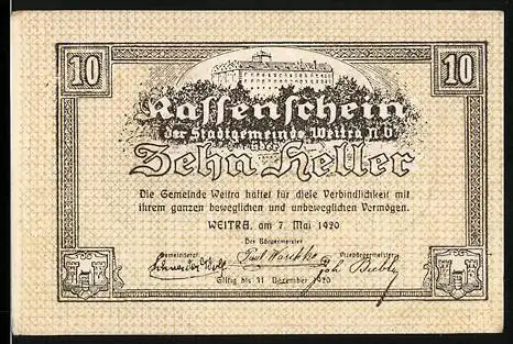 Notgeld Weitra 1920, 10 Heller, Stadtansicht mit Schloss und Kirche, Wappen und Unterschriften