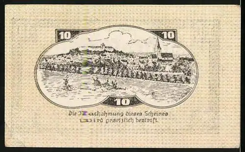 Notgeld Weitra 1920, 10 Heller, Stadtansicht mit Schloss und Kirche, Wappen und Unterschriften