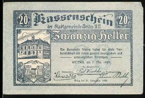 Notgeld Weitra 1920, 20 Heller, Rathaus und Stadtansicht mit Kirche und Burg, Wellenmuster, Wappen