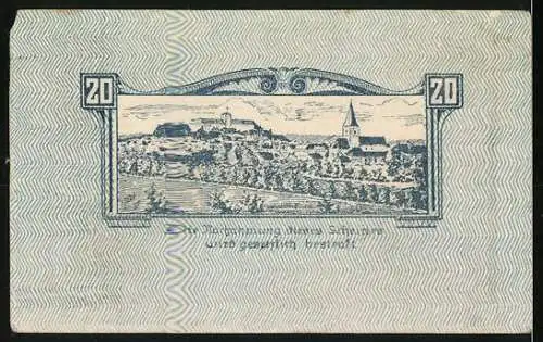 Notgeld Weitra 1920, 20 Heller, Rathaus und Stadtansicht mit Kirche und Burg, Wellenmuster, Wappen