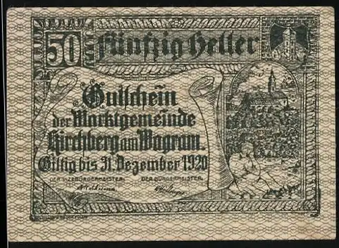 Notgeld Kirchberg am Wagram 1920, 50 Heller, Stadtansicht und Spruchband, gültig bis 31. Dezember 1920