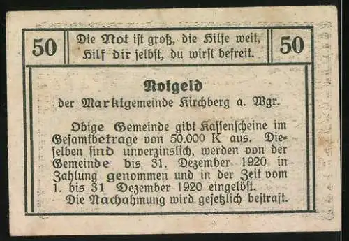 Notgeld Kirchberg am Wagram 1920, 50 Heller, Stadtansicht und Spruchband, gültig bis 31. Dezember 1920