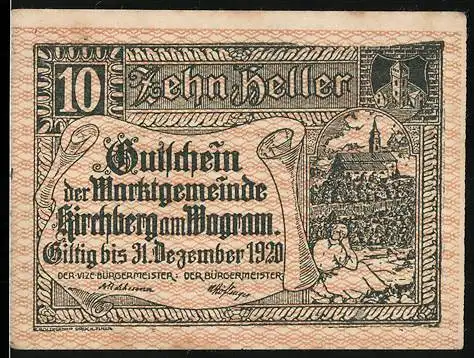 Notgeld Kirchberg am Wagram 1920, 10 Heller, Landschaftsmotiv mit Kirche und Stadtansicht