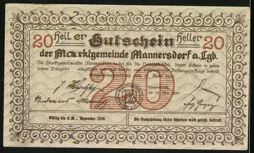 Notgeld Mannersdorf 1920, 20 Heller, Ruine Scharfeneck, Ziermuster und Wappen der Marktgemeinde