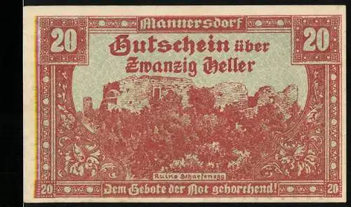 Notgeld Mannersdorf 1920, 20 Heller, Ruine Scharfenegg, dekorativer Rahmen und Textelemente