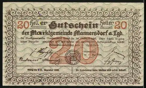 Notgeld Mannersdorf 1920, 20 Heller, Ruine Scharfenegg, dekorativer Rahmen und Textelemente