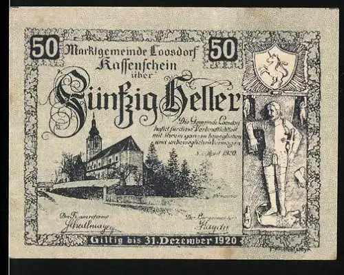 Notgeld Loosdorf 1920, 50 Heller, Kirche und Ritter, Wappen mit Löwe