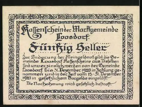 Notgeld Loosdorf 1920, 50 Heller, Kirche und Ritter, Wappen mit Löwe