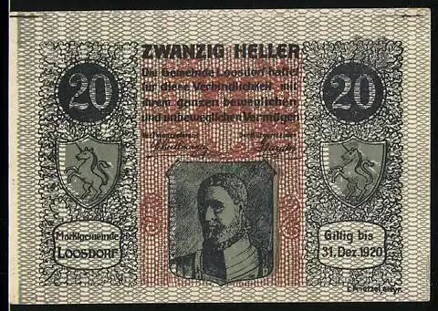 Notgeld Loosdorf 1920, 20 Heller, Porträt und Wappen, gültig bis 31. Dezember 1920