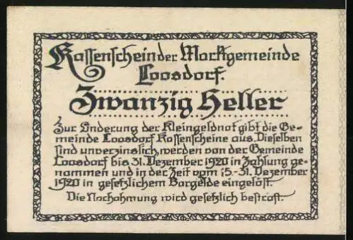 Notgeld Loosdorf 1920, 20 Heller, Porträt und Wappen, gültig bis 31. Dezember 1920