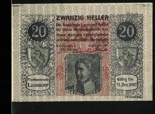 Notgeld Loosdorf 1920, 20 Heller, Wappen mit Pferd und Porträt einer Frau