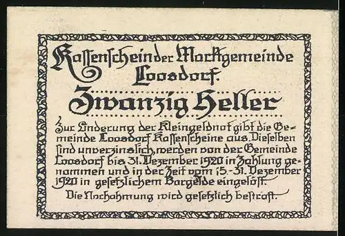 Notgeld Loosdorf 1920, 20 Heller, Wappen mit Pferd und Porträt einer Frau