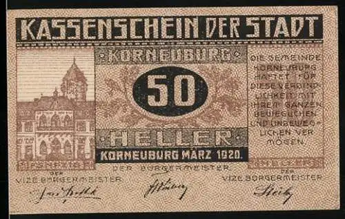 Notgeld Korneuburg 1920, 50 Heller, Rathausansicht und Gemeindeversprechen