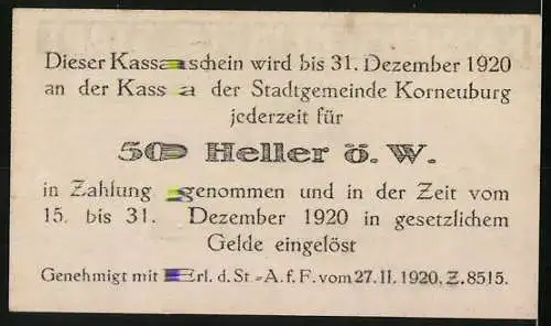 Notgeld Korneuburg 1920, 50 Heller, Rathausansicht und Gemeindeversprechen