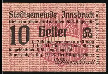 Notgeld Innsbruck 1918, 10 Heller, Textmuster und Siegel der Stadtgemeinde