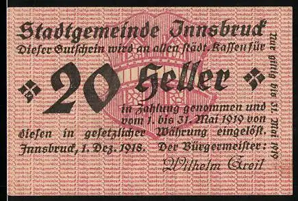 Notgeld Innsbruck 1918, 20 Heller, Textmuster und rotes Wappen im Hintergrund