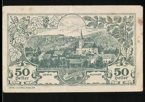 Notgeld Haunoldstein 1920, 50 Heller, Landschaftsansicht und florale Ornamente