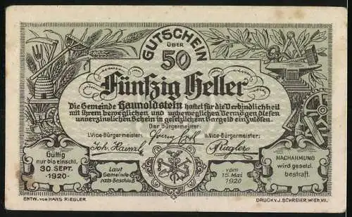 Notgeld Haunoldstein 1920, 50 Heller, Landschaftsansicht und florale Ornamente