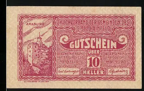 Notgeld Hainfeld 1920, 10 Heller, Burg Araburg Motiv