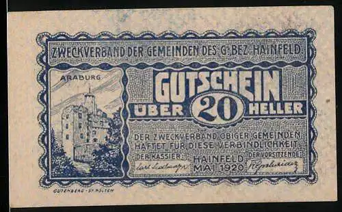 Notgeld Hainfeld 1920, 20 Heller, Araburg-Motiv, blauer Druck