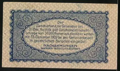 Notgeld Hainfeld 1920, 20 Heller, Araburg-Motiv, blauer Druck