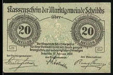 Notgeld Scheibbs 1920, 20 Heller, florales Motiv und Widmungstext