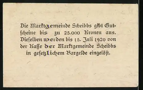 Notgeld Scheibbs 1920, 20 Heller, florales Motiv und Widmungstext