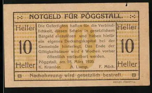 Notgeld Pöggstall 1920, 10 Heller, Textfeld mit gesetzlichen Hinweisen