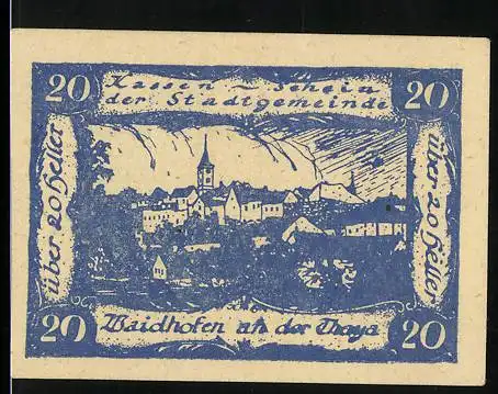 Notgeld Waidhofen an der Thaya 1920, 20 Heller, Stadtansicht mit Kirche und Text