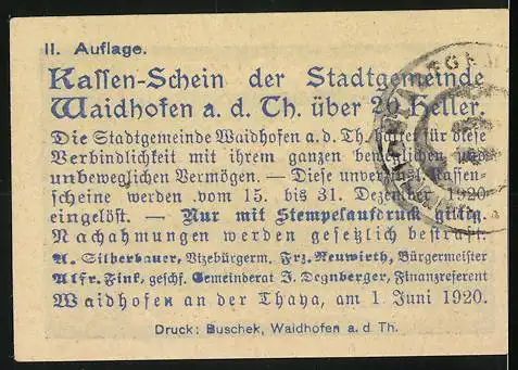 Notgeld Waidhofen an der Thaya 1920, 20 Heller, Stadtansicht mit Kirche und Text