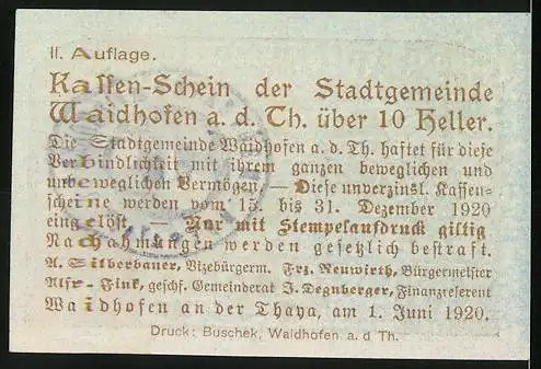 Notgeld Waidhofen an der Thaya 1920, 10 Heller, Stadtansicht mit Burg und Landschaft, Wappen und Text