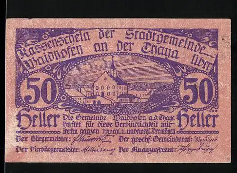 Notgeld Waidhofen an der Thaya 1920, 50 Heller, Stadtansicht mit Kirche, II. Auflage