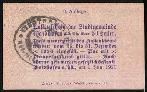 Notgeld Waidhofen an der Thaya 1920, 50 Heller, Stadtansicht mit Kirche, II. Auflage