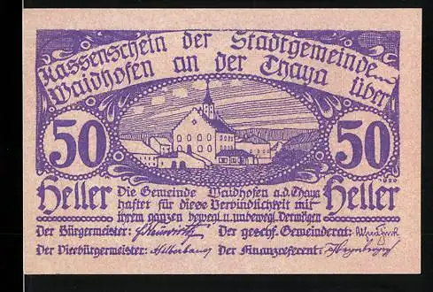 Notgeld Waidhofen an der Thaya 1920, 50 Heller, Stadtansicht mit Kirche