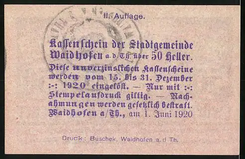 Notgeld Waidhofen an der Thaya 1920, 50 Heller, Stadtansicht mit Kirche