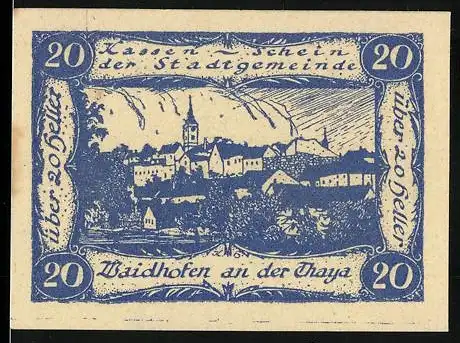 Notgeld Waidhofen an der Thaya 1920, 20 Heller, Stadtansicht mit Schriftzug