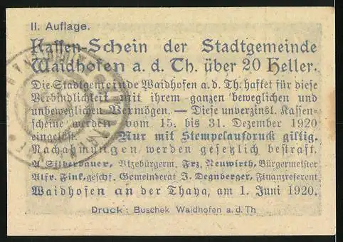 Notgeld Waidhofen an der Thaya 1920, 20 Heller, Stadtansicht mit Schriftzug