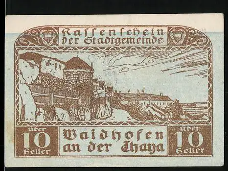 Notgeld Waidhofen an der Thaya 1920, 10 Heller, Stadtansicht mit Burgruine und Landschaft