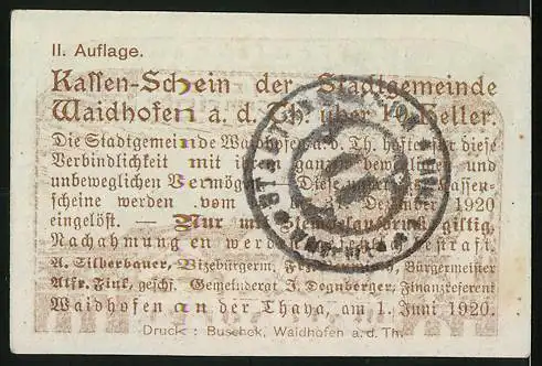 Notgeld Waidhofen an der Thaya 1920, 10 Heller, Stadtansicht mit Burgruine und Landschaft