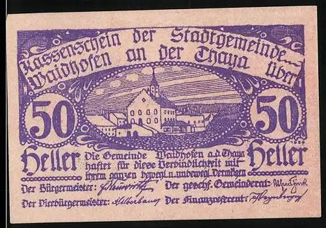 Notgeld Waidhofen an der Thaya 1920, 50 Heller, Stadtansicht mit Kirche und Fluss, lila Druck